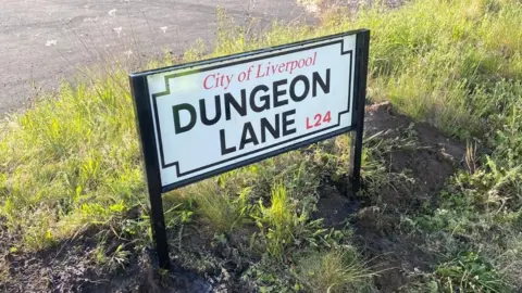 A road sign installed on a patch of rough grass reads 'City of Liverpool' in red lettering above 'Dungeon Lane' in black lettering - both against a white background.