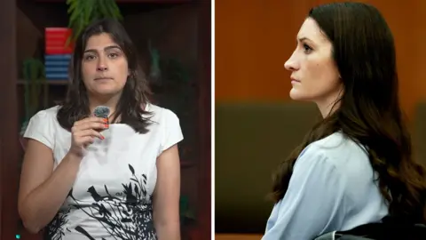 Split screen of a woman holding a small microphone and a profile of a woman sitting down. 