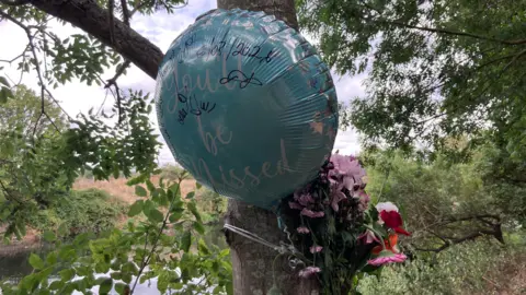 A blue balloon and pink flowers tied to a tree trunk next to a river.