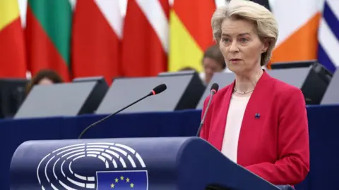 European Commission President Ursula von der Leyen speaks to the European Parliament