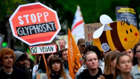 Getty Images A protestor holds a placard reading "Stop Glyphosate" during a demonstration outside the World Conference centre where the annual general meeting of German chemicals giant Bayer takes place on April 26, 2019 in Bonn, western Germany. -