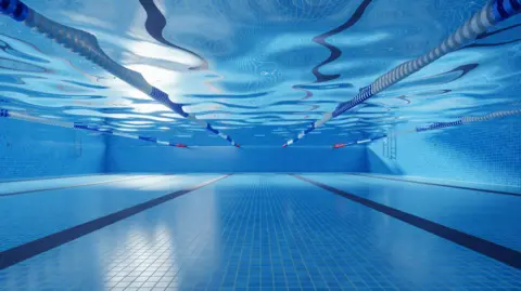 Getty Images A swimming pool viewed from underwater with lane markers at the surface
