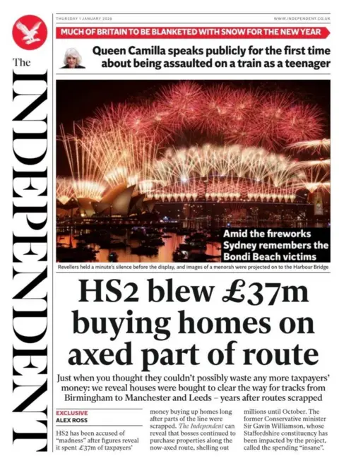 The headline on the front page of the Independent reads: "HS2 blew £37m buying homes on axed part of route."