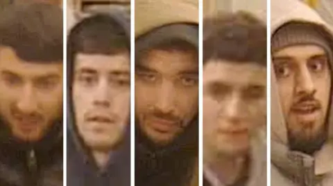 Blurred CCTV images of five men.