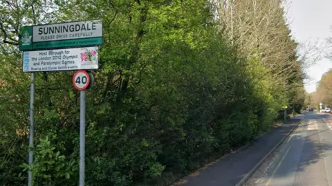 A Google Street View of the A30 into Sunningdale with a sign displaying the name of the town.