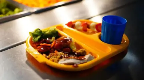 An orange plate, with divided sections, sits on a silver surface. A blue cup sits in one area, a meal of broccoli chicken, carrots has been served in a another section.