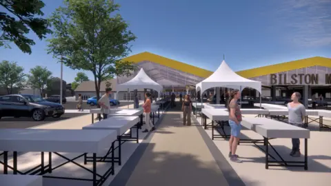  A computer-generated image of an outdoor market, showing white tables and canopies next to a large sign on a large market canopy that says BILSTON 