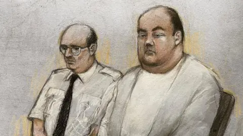 Elizabeth Cook/PA Imahges Court drawing of Gavin Plumb on the right