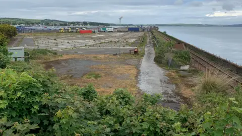 A slice of abandoned and overgrown land with a rail track down one side and the sea next to it with lorries in the distance
