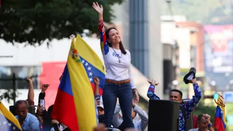 EPA-EFE/REX/Shutterstock María Corina Machado greets her supporters at a rally in Caracas, Venezuela. Photo: 9 January 2025