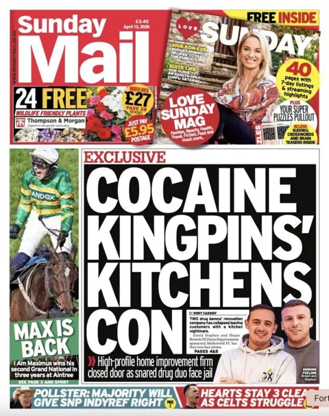 The headline on the front page of the Sunday Mail reads: "Cocaine Kingpins' Kitchens Con."