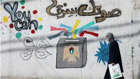Getty Images Woman walks past election campaign mural in Gaza City (01/04/21)
