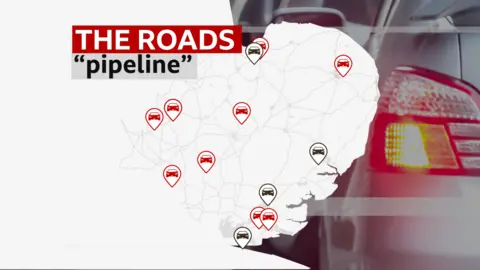 Map of the east of England showing road schemes which have been approved and those now under consideration.  They are all named in the article.