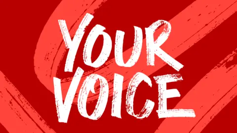 A graphic that reads: Your Voice in white text on a red background. 