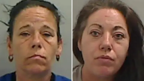 Mugshots of the sisters. Donna has large loop earrings and black hair pulled back. Kelly has long dark hair hanging free.