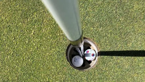 Two Golf balls in a hole on the Royal Liverpool Golf Club course