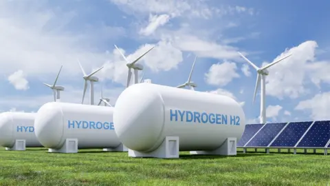 Getty Images Hydrogen energy storage gas tank for clean electricity solar and wind turbine facility