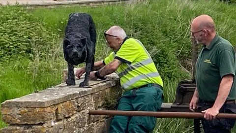 Two men removing the dog sculpture from the top of the wall next to the weir. Both are wearing green and one is wearing a hi-vis vest.
