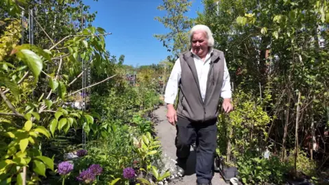 Mr Goodridge is walking through his garden centre. He is surrounded by green plants and walking down a narrow pathway, lined by plants for sale. It is a sunny day and the sky is bright blue, he is looking towards some purple alium flowers to the left of the image.