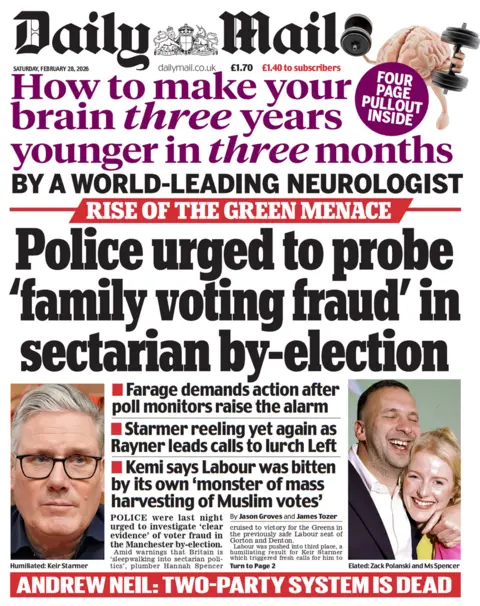 The headline on the front page of the Daily Mail reads: "Police urged to probe 'family voting fraud' in sectarian by-election".