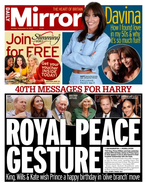 Prima pagina del quotidiano Mirror. Titolo: Gesto di pace reale: il re, Wales e Kate augurano buon compleanno al principe in un colpo solo 