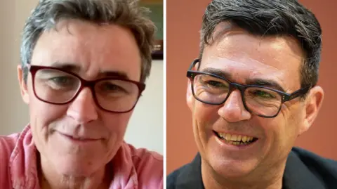 A side by side shot of Emma Roberts with thick-rimmed glasses and a pink t-shirt on the left and Prime Minister Andy Burnham with thich-rimmed glasses and a black t-shirt. They are both smiling and they are headshots.