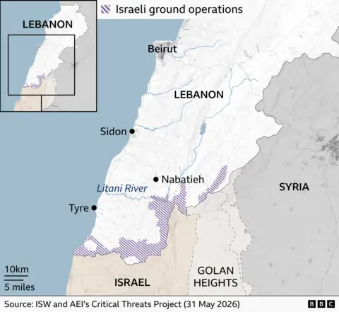 Map of Lebanon showing areas of Israeli ground operations on 31 May 2026 (shaded with purple diagonal stripes) along the border with Israel and extending eastwards. Major towns and features labelled include Tyre on the coast, Nabatieh inland, and Sidon and Beirut further north. The Litani River is marked in blue. The border with Israel forms the southern edge of the shaded areas, with the Golan Heights labelled to the east.