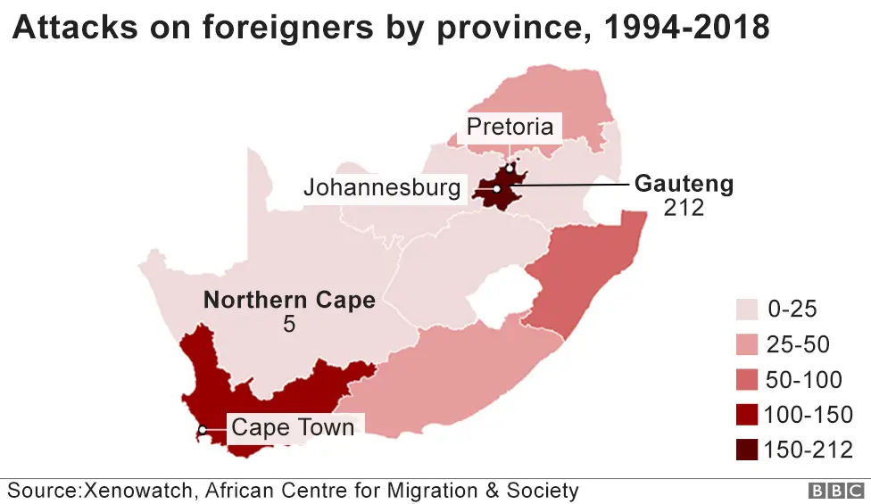 BBC Map showing attacks on foreign nationals