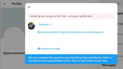 An attempt to tweet the main Mastodon server, with the error message displayed