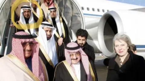Bandar al-Galoud Saad al-Jabri (circled) accompanies Prince Mohammed bin Nayef (centre) during a visit to London in 2015, with