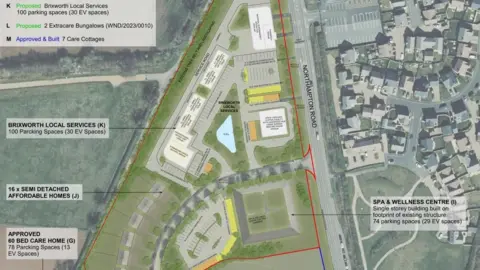 Ekeney Consulting A computer generated plan shows a triangle of land beside Northampton Road. The plan has labels for an approved 60 bed care home, local services including 100 parking spaces, 16 semi-detached homes and a spa and wellbeing centre.