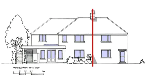 THOMAS FAIRE ARCHITECTS/RIBA An artist impression of semi-detached houses in which one of those is part of a planning application. The left house is the one which was due to be redeveloped and has a scale of the build below the image. 