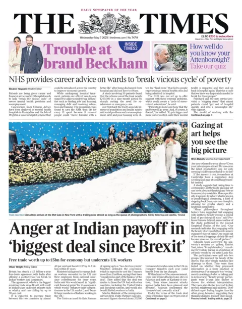 The headline on the front page of the Times reads: "Anger at Indian payoff in 'biggest deal since Brexit'"