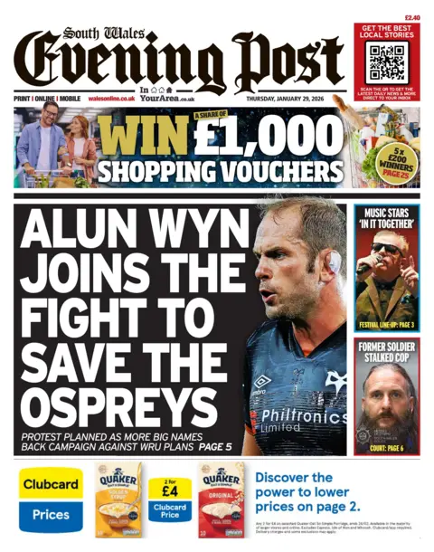 South Wales Evening Post South Wales Evening Post front page. Headline is: "Alun Wyn joins the fight to save the Ospreys"