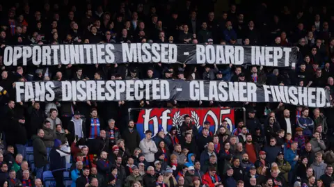 Crystal Palace fans holding banners during their win over Wolves which call the club's board "inept" and say that manager Oliver Glasner is "finished"