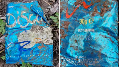 A crisp packet found in a wood which is dated 1989 - it is blue and says 'discos' on it - the image shows the front and the back. 