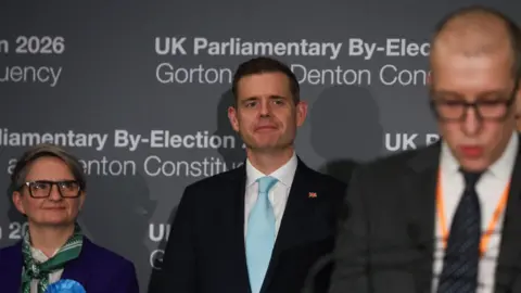 Reuters Conservative Party candidate Charlotte Cadden and Reform UK party candidate Matt Goodwin stand on stage as Manchester City Council's Chief Executive Tom Stannard reveals the results