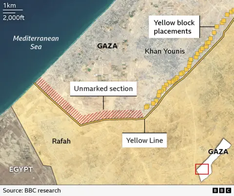 A BBC graphic illustrating where the IDF has yet to place yellow blocks as of 11 January. 