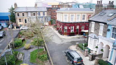 BBC/Jack Barnes A view from above of the Albert Square set which includes to iconic Queen Vic pub. 