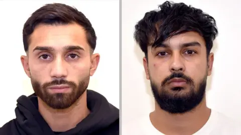 Mugshots of the two men, one in a black hoodie the other in a white shirt, looking at the camera in front of a white background