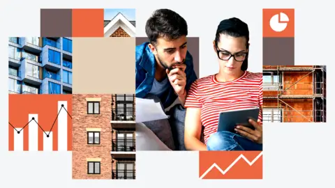 BBC A woman wearing glasses looks at a tablet computer. A man is looking at the screen with her and has his hand under his mouth in a thoughtful pose. A composite image shows windows of flats, some scaffolding and some icons of charts representing data