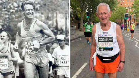 A composite picture shows a black and white image of Mac running the race as a young man. He is smiling. On the right is a photo from this year's London Marathon, in which he is wearing a white vest and orange shorts.