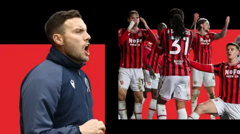 Split image showing Walsall boss Mat Sadler and players with their hands in the air after conceding against MK Dons