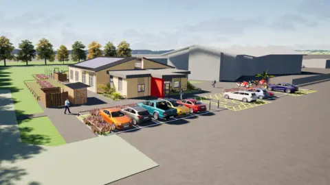Computer generated design of the new Reepham High School specialist resource base. There is a row of cars and behind it a one storey yellow brick building with a grey roof. Behind it is a larger grey building which is the main school. The buildings are surrounded by grass and bordered by tall trees.
