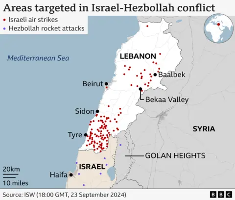 A map showing air and missile strikes in Lebanon and Israel 