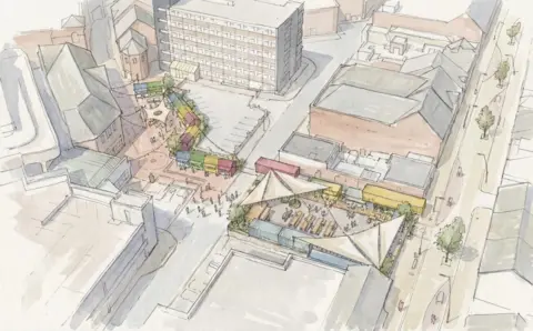 Team Barrow An artist's impression of how a temporary events venue and market will look like in Barrow, where work to demolish and rebuild The Forum and market is under way. It includes containers, huts and stalls of different colours and a gazebo-type cover. It is a line drawing in pastel-coloured pencil showing no major detail. It looks like a temporary market in a town square.