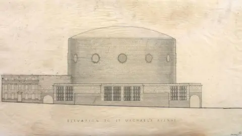 RIBA Collections A drawing of a modern, round, brick building with "Elevation to St Michael's Avenue" written beneath it.