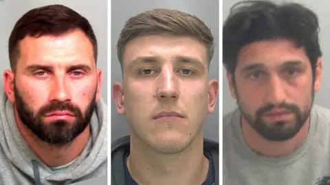 Essex Police A composite image of the mugshots of Shane Hadderton, Deividas Fiodorovas and Marvin Usher. Hadderton is wearing a grey hoodie and has short black hair and a beard. Fiodorovas is wearing a dark grey hoodie and has short brown hair and stubble. Usher is wearing a grey sweater and has medium-length black hair and a beard.