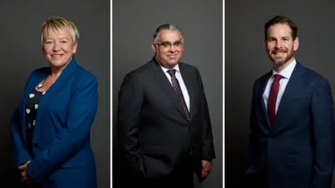 UK Parliament Rachel Taylor is pictured smiling with a blonde pixie cut and wearing a blue suite, Tahir Ali wears glasses, a black suit, white shirt and dark purple tie and Alex Ballinger smiling wearing a blue suit, white shirt and red tie.