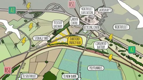 Clearstone Energy A colourful graphic map showing the Dartford Energy Hub in relation to the nearby area. Key signs on the map are the A2 on the left and right and the Northfleet substation in the top middle. 